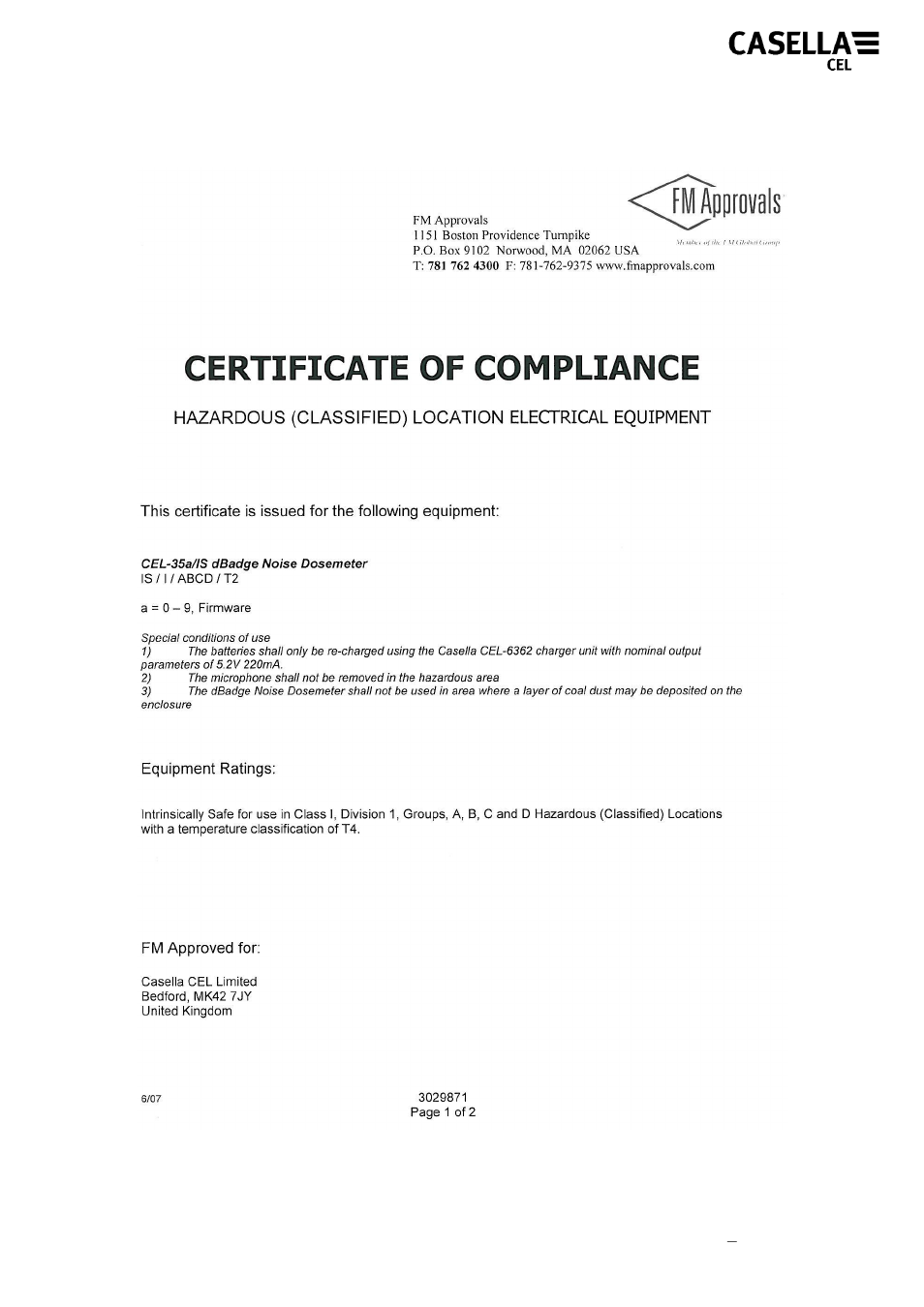 5 fm certificate | Casella CEL CEL-35X dBadge User Manual | Page 45 / 48