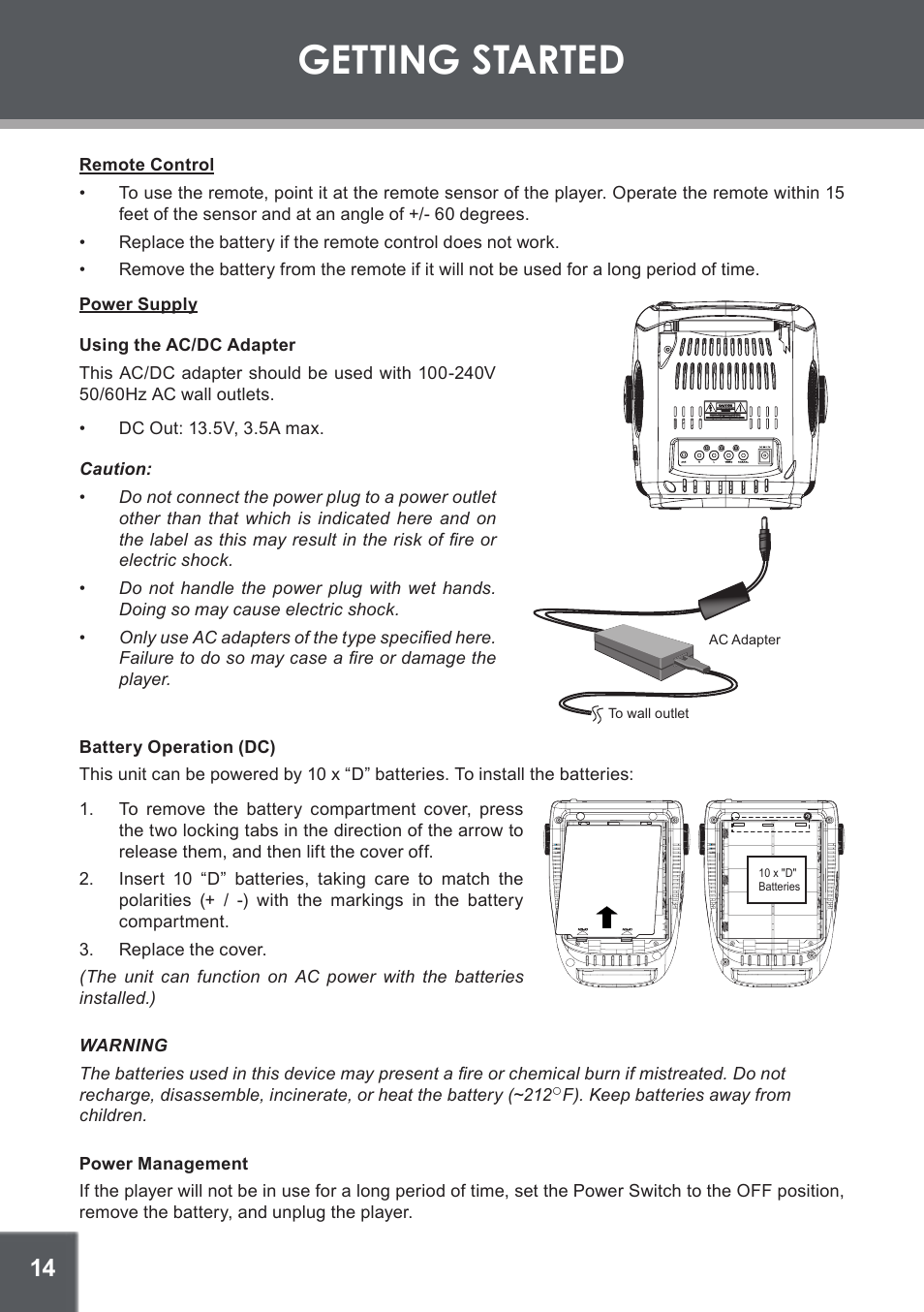 Getting started, Remote control, Power supply | Using the ac/dc adapter, Battery operation (dc), Power management | COBY electronic TF-DVD1256 User Manual | Page 14 / 32