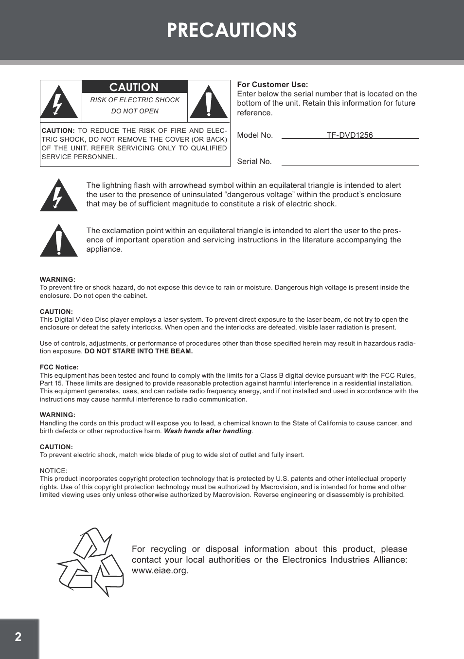 Precautions, Caution | COBY electronic TF-DVD1256 User Manual | Page 2 / 32