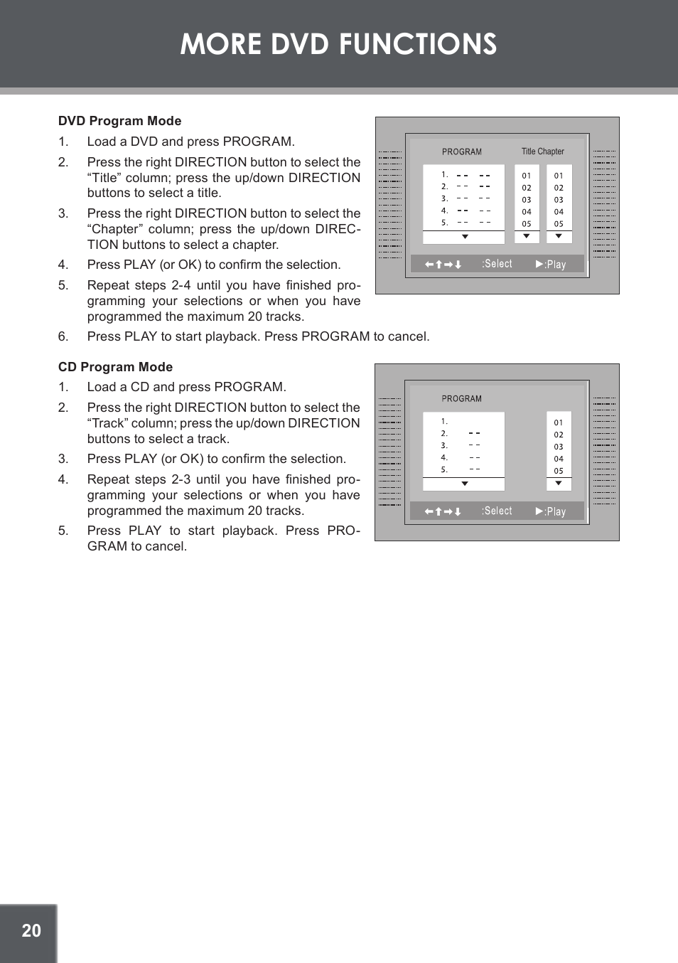 Dvd program mode, Cd program mode, More dvd functions | COBY electronic TF-DVD1256 User Manual | Page 20 / 32