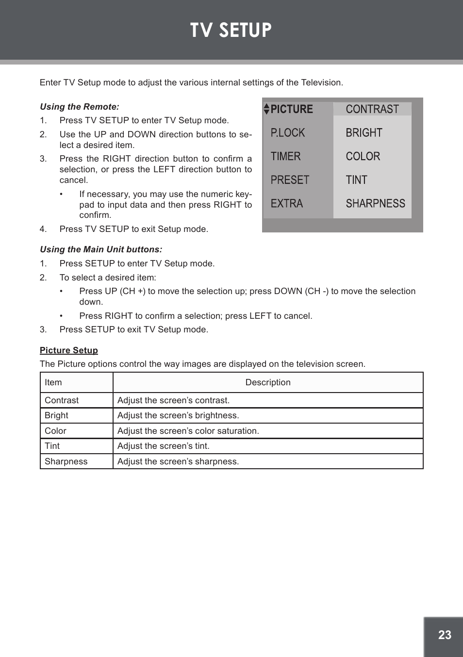 Tv setup, Picture setup | COBY electronic TF-DVD1256 User Manual | Page 23 / 32