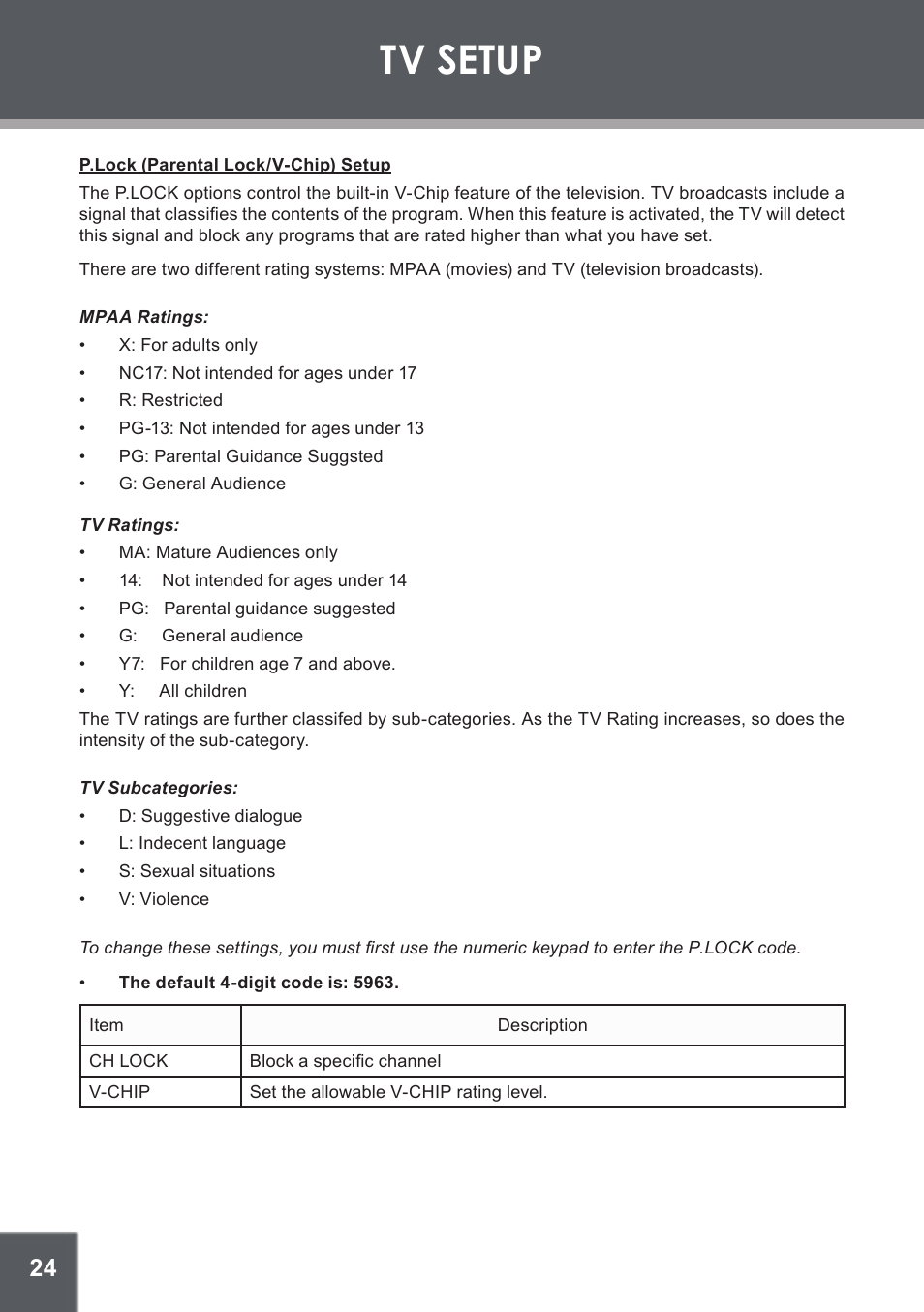 P.lock (parental lock/v-chip) setup, Tv setup | COBY electronic TF-DVD1256 User Manual | Page 24 / 32