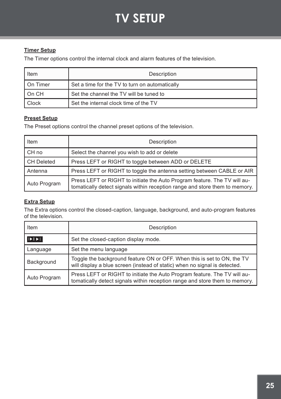 Timer setup, Preset setup, Extra setup | Tv setup | COBY electronic TF-DVD1256 User Manual | Page 25 / 32