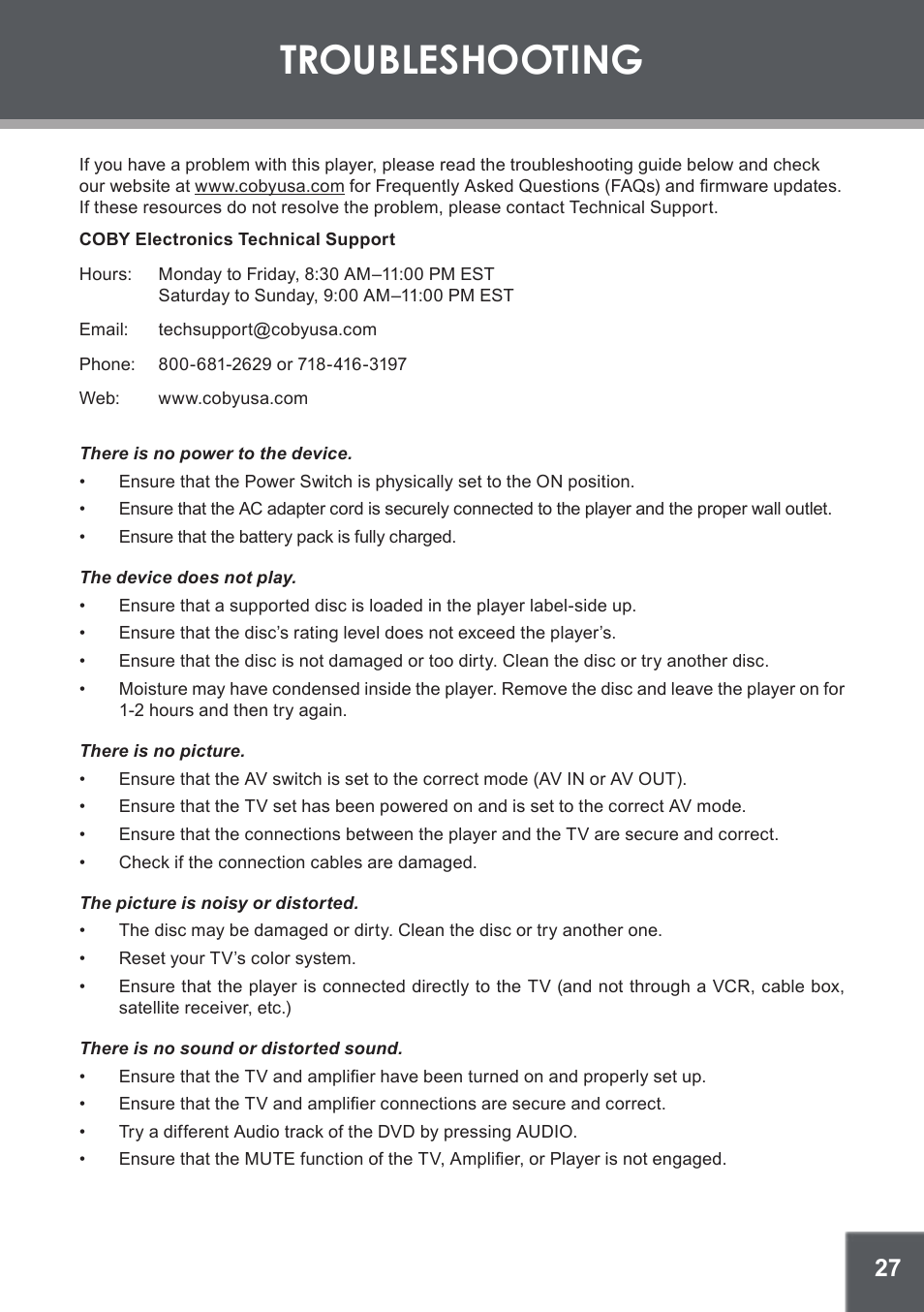Troubleshooting | COBY electronic TF-DVD1256 User Manual | Page 27 / 32