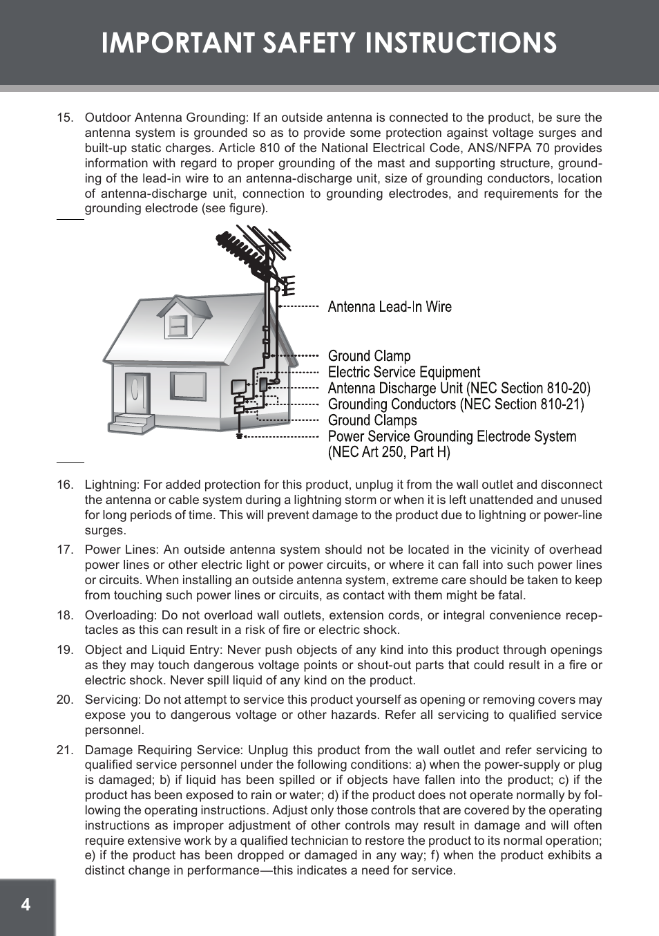 Important safety instructions | COBY electronic TF-DVD1256 User Manual | Page 4 / 32