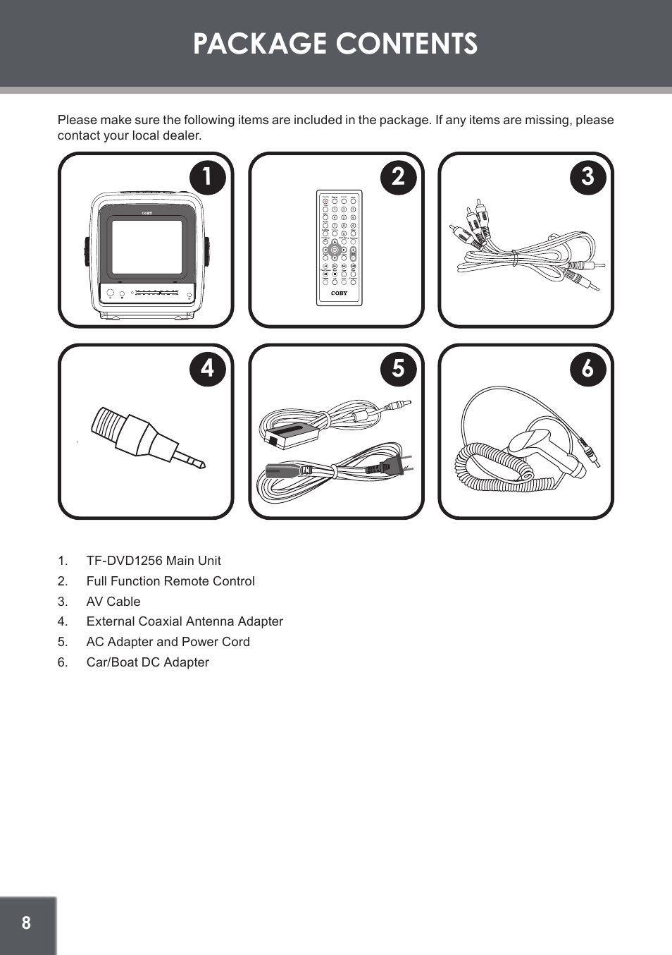 Package contents | COBY electronic TF-DVD1256 User Manual | Page 8 / 32