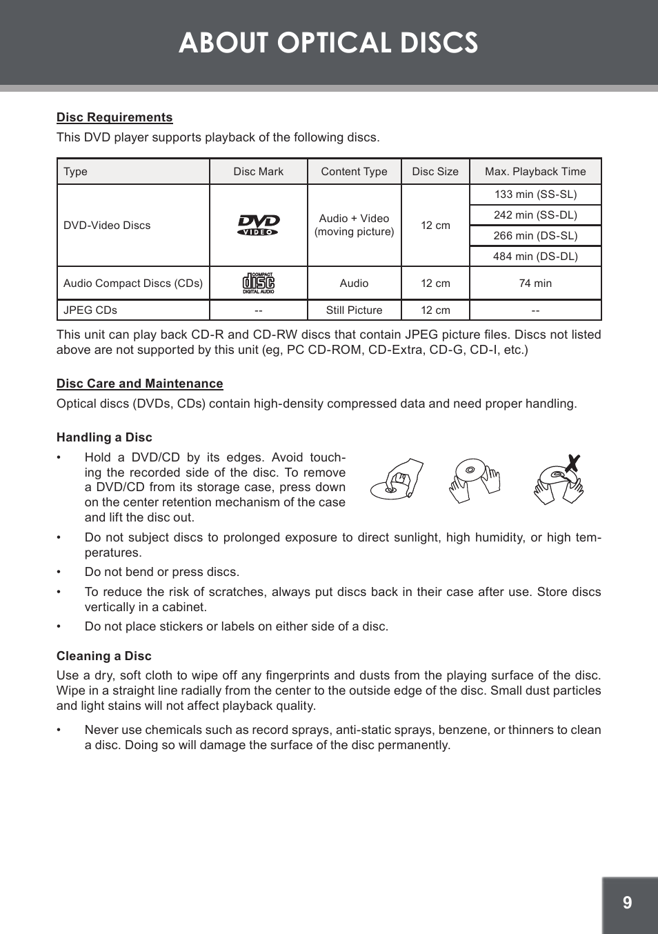 About optical discs, Disc requirements, Disc care and maintenance | Handling a disc, Cleaning a disc | COBY electronic TF-DVD1256 User Manual | Page 9 / 32