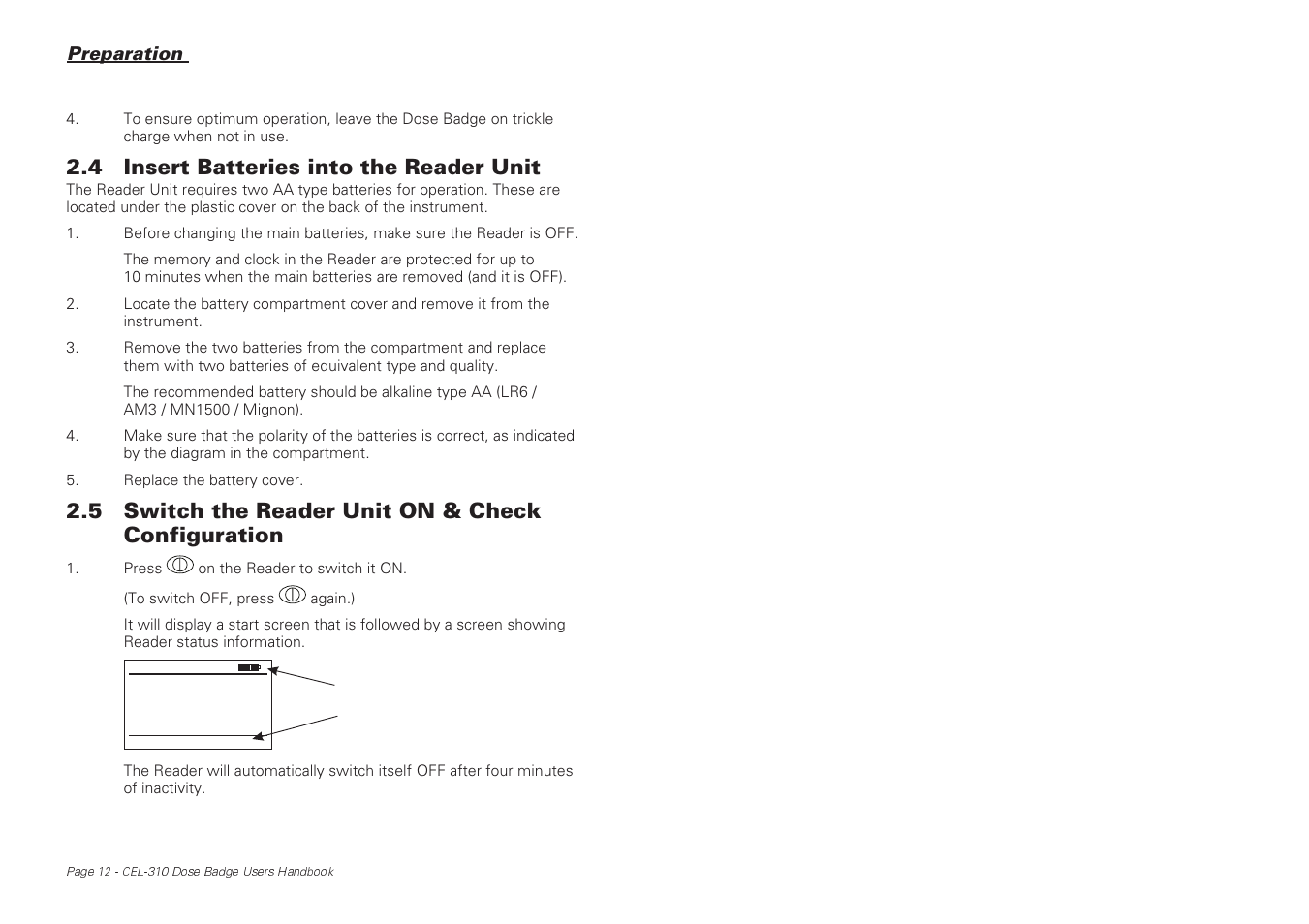 4 insert batteries into the reader unit, 5 switch the reader unit on & check configuration | Casella CEL CEL-310 User Manual | Page 12 / 45