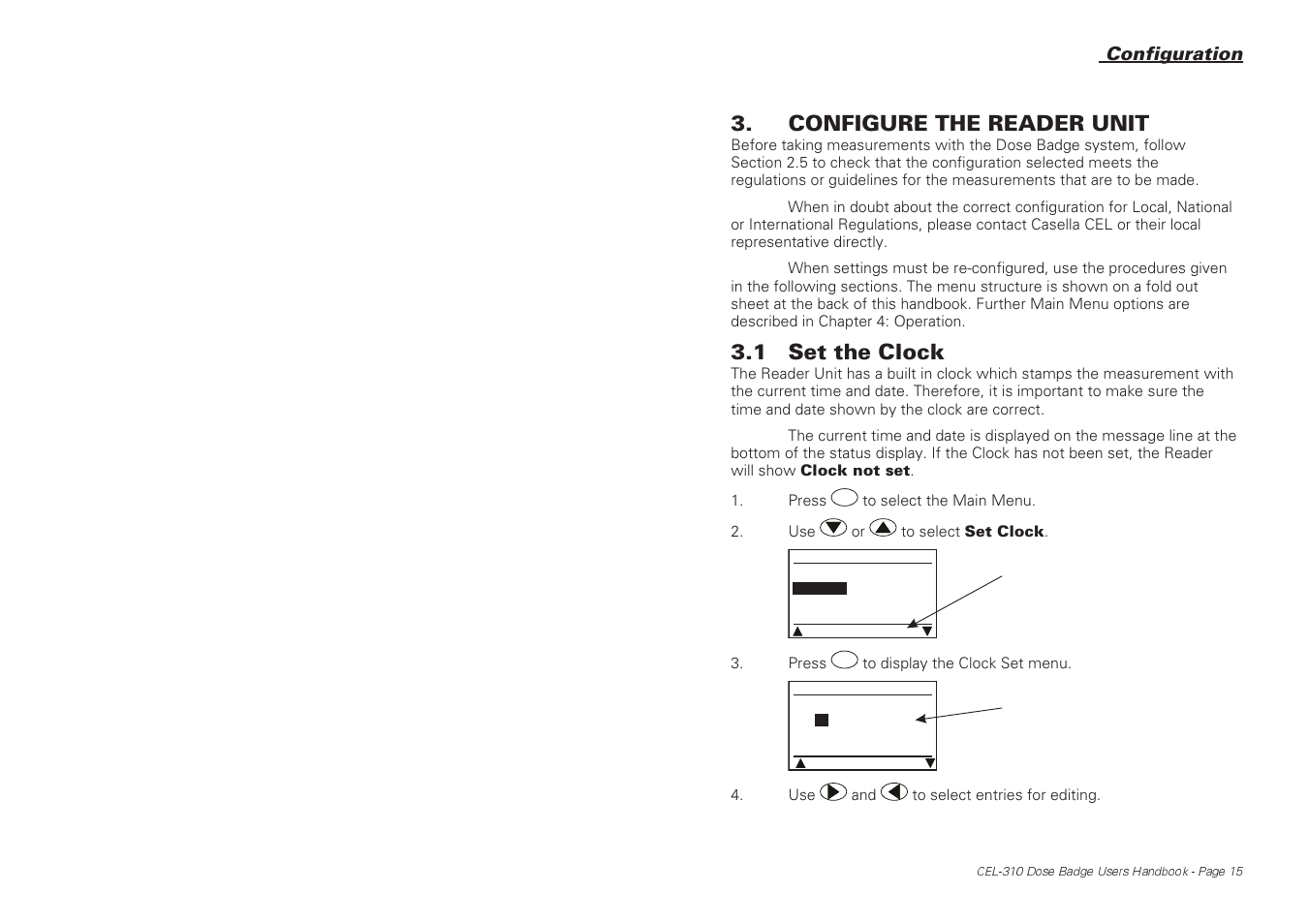 Configure the reader unit, 1 set the clock | Casella CEL CEL-310 User Manual | Page 15 / 45