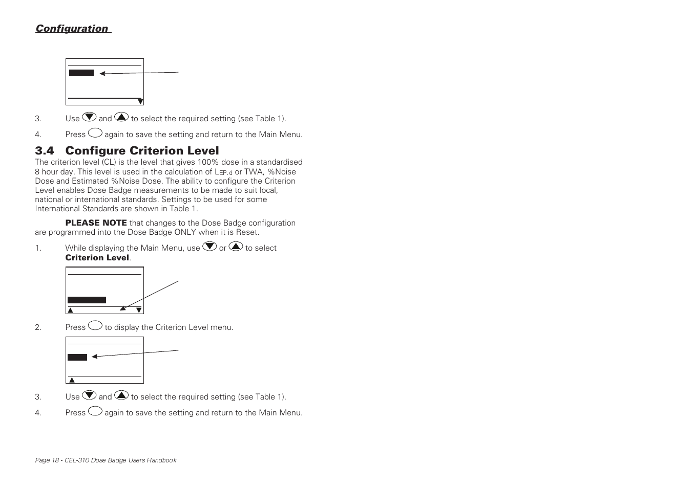 4 configure criterion level, Configuration | Casella CEL CEL-310 User Manual | Page 18 / 45