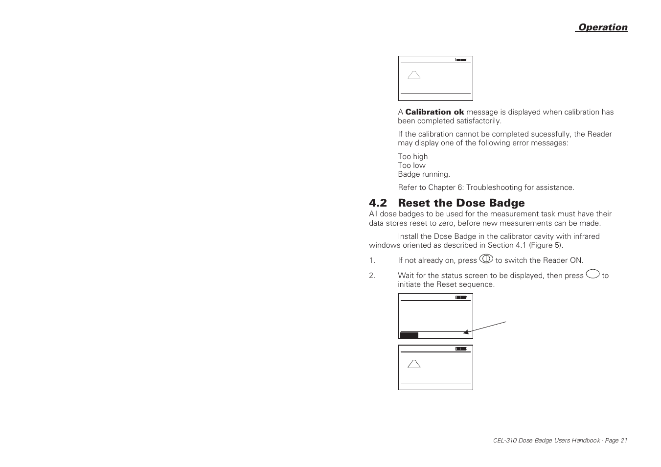 2 reset the dose badge, Operation | Casella CEL CEL-310 User Manual | Page 21 / 45