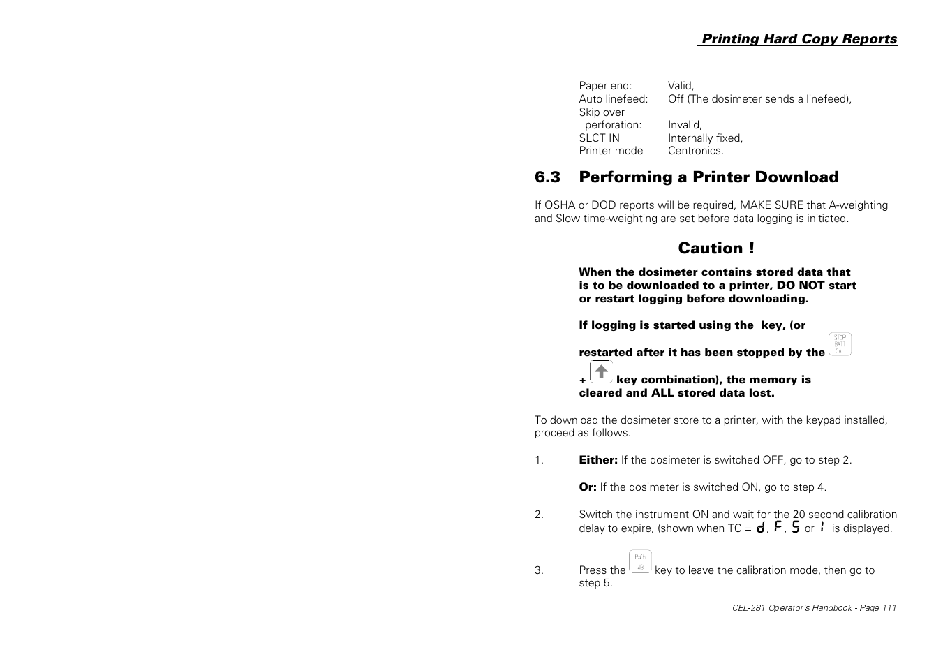 3 performing a printer download, Caution | Casella CEL CEL-281 User Manual | Page 120 / 147
