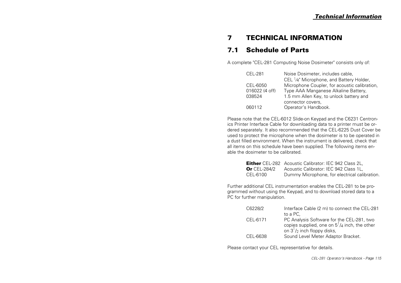 7technical information 7.1 schedule of parts | Casella CEL CEL-281 User Manual | Page 124 / 147