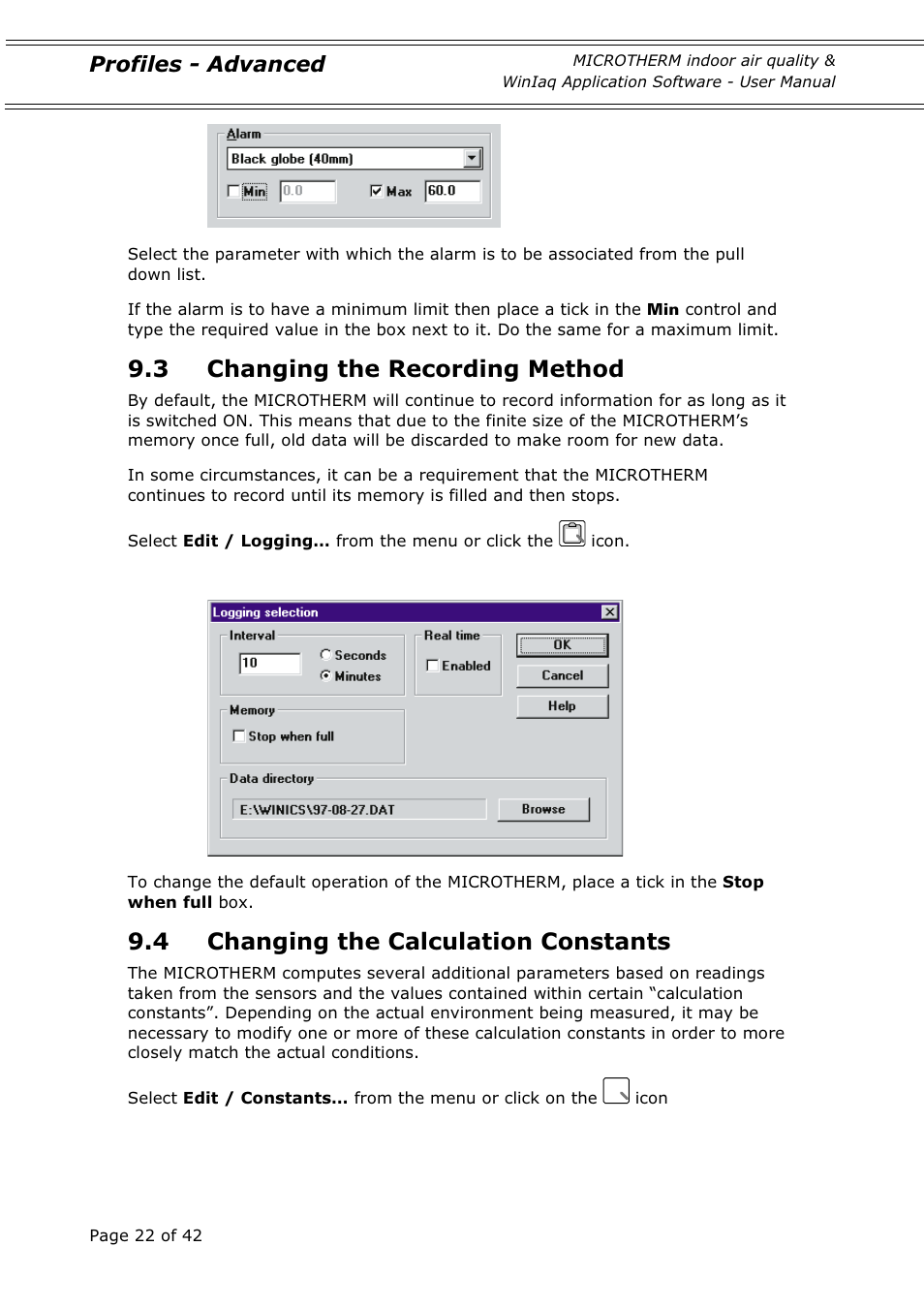 3 changing the recording method, 4 changing the calculation constants, Profiles - advanced | Casella CEL Indoor air quality monitor User Manual | Page 22 / 42