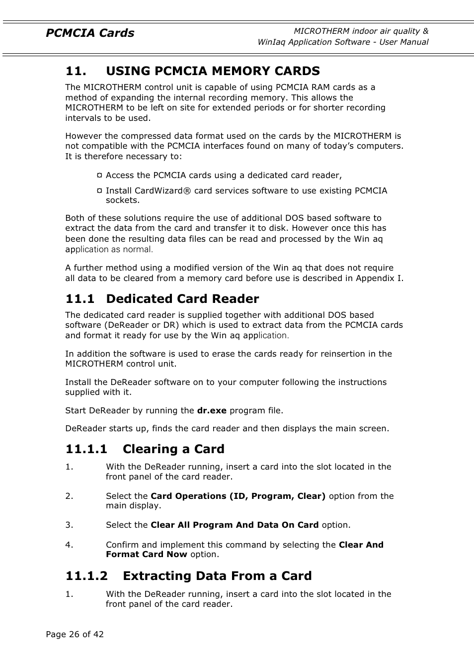 1 dedicated card reader, 1 clearing a card, 2 extracting data from a card | Pcmcia cards | Casella CEL Indoor air quality monitor User Manual | Page 26 / 42