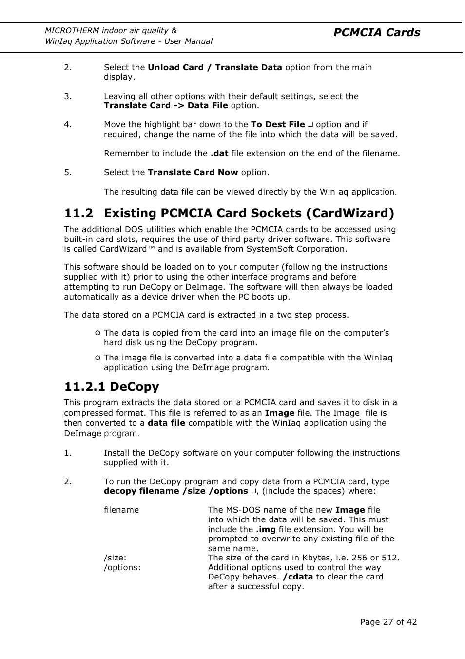 2 existing pcmcia card sockets (cardwizard), 1 decopy, Pcmcia cards | Casella CEL Indoor air quality monitor User Manual | Page 27 / 42