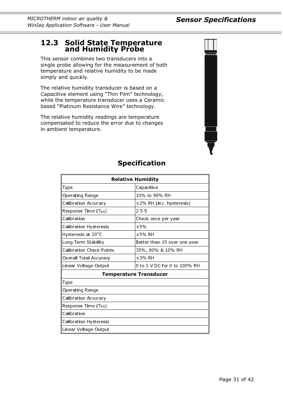 3 solid state temperature and humidity probe, Specification, Sensor specifications | Casella CEL Indoor air quality monitor User Manual | Page 31 / 42