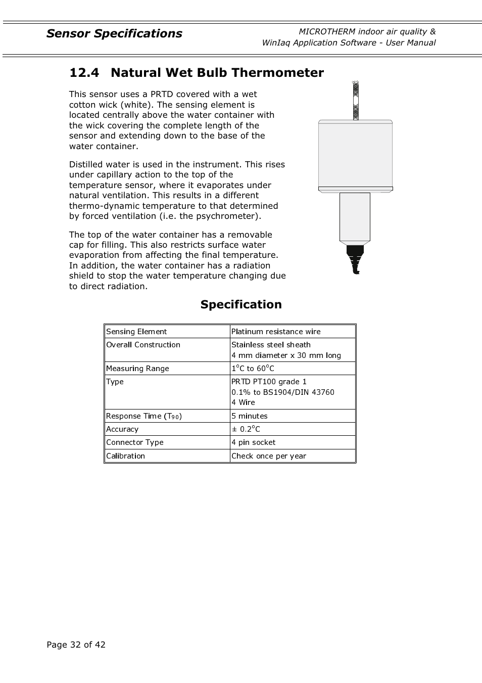 4 natural wet bulb thermometer, Sensor specifications, Specification | Casella CEL Indoor air quality monitor User Manual | Page 32 / 42