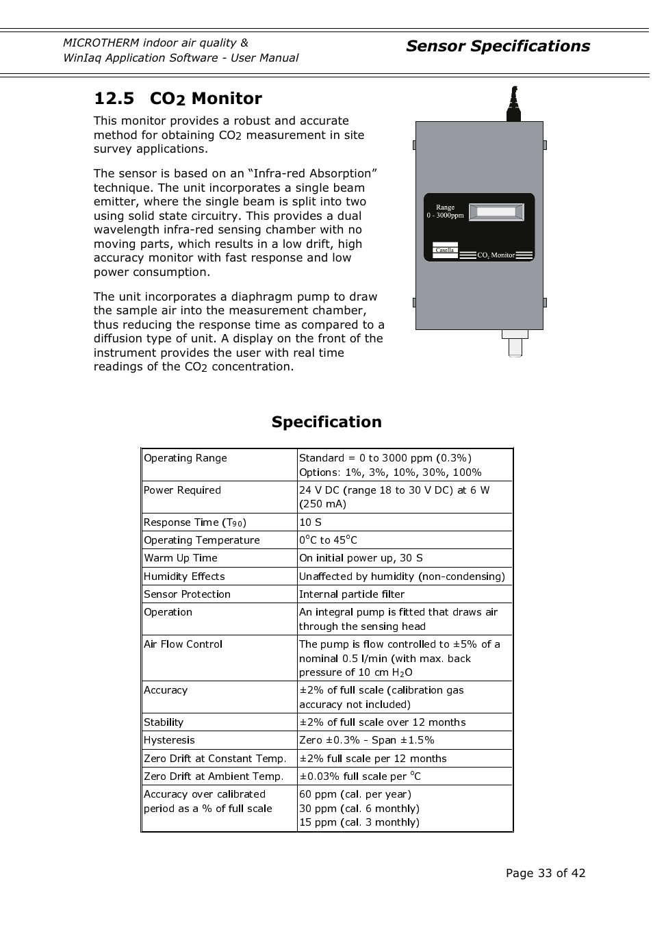 5 co, Monitor, Sensor specifications specification | Casella CEL Indoor air quality monitor User Manual | Page 33 / 42