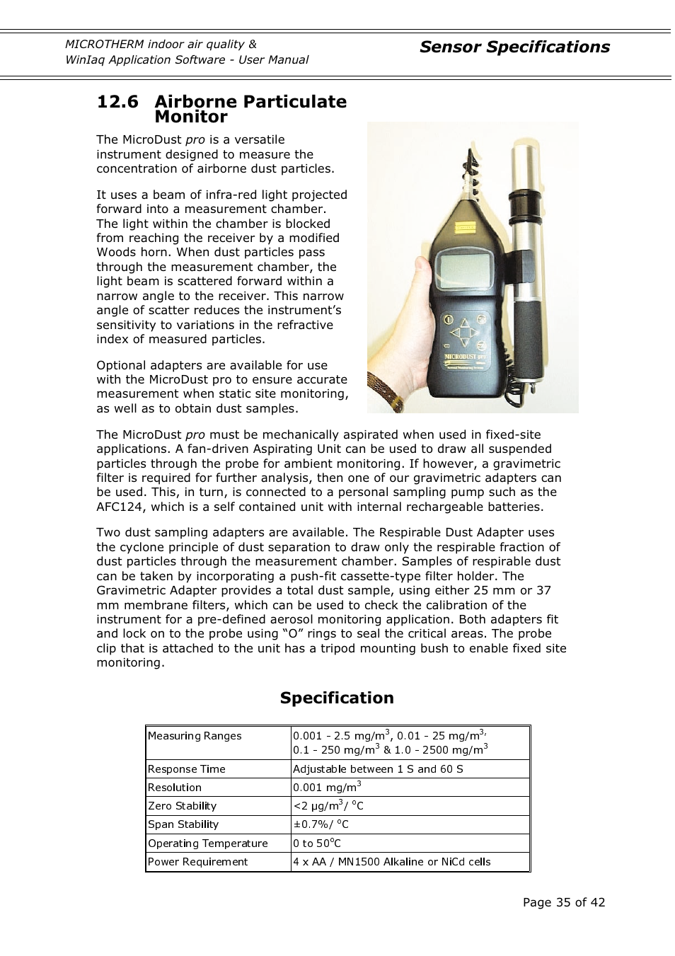 6 airborne particulate monitor, Sensor specifications, Specification | Casella CEL Indoor air quality monitor User Manual | Page 35 / 42