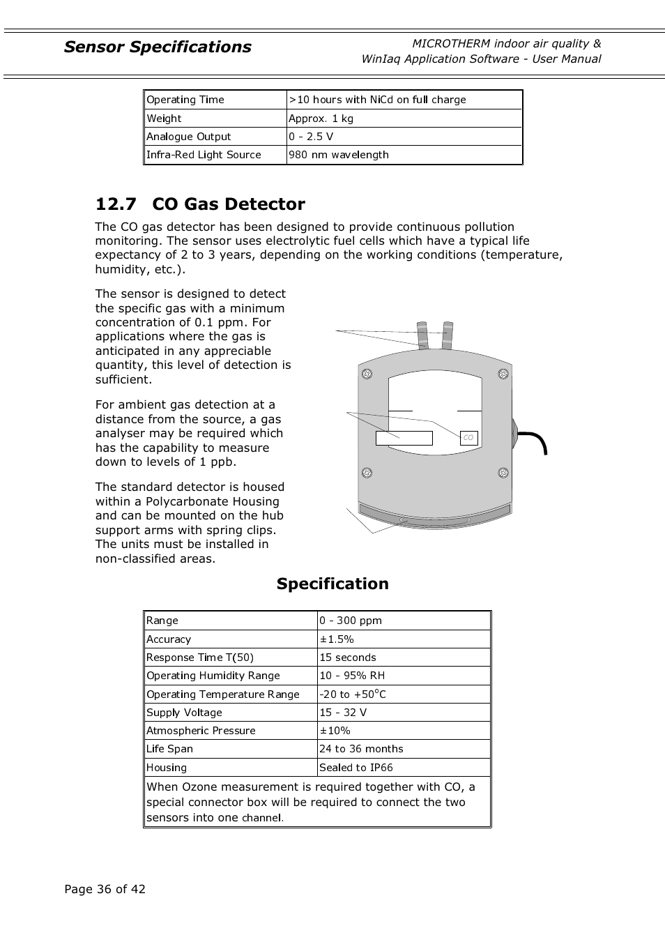 7 co gas detector, Sensor specifications, Specification | Casella CEL Indoor air quality monitor User Manual | Page 36 / 42