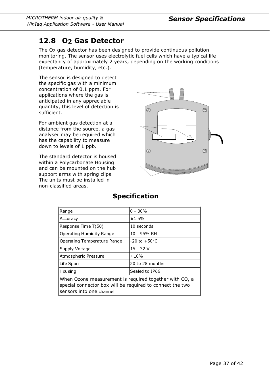 Gas detector, Sensor specifications, Specification | Casella CEL Indoor air quality monitor User Manual | Page 37 / 42