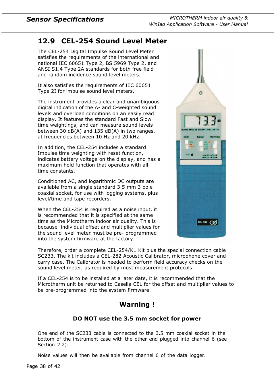 9 cel-254 sound level meter, Warning, Sensor specifications | Casella CEL Indoor air quality monitor User Manual | Page 38 / 42