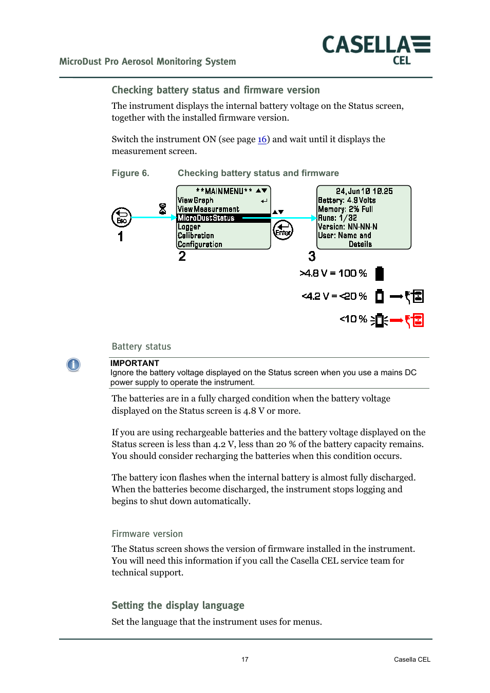 Checking battery status and firmware version, Setting the display language | Casella CEL Microdust Pro real time dust monitor User Manual | Page 17 / 50