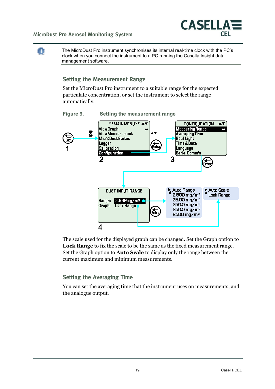 Setting the measurement range, Setting the averaging time | Casella CEL Microdust Pro real time dust monitor User Manual | Page 19 / 50