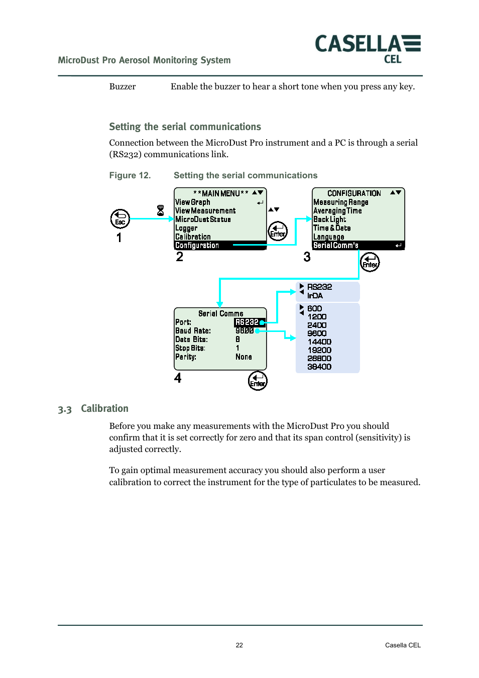 Setting the serial communications, 3 calibration, Calibration | Casella CEL Microdust Pro real time dust monitor User Manual | Page 22 / 50