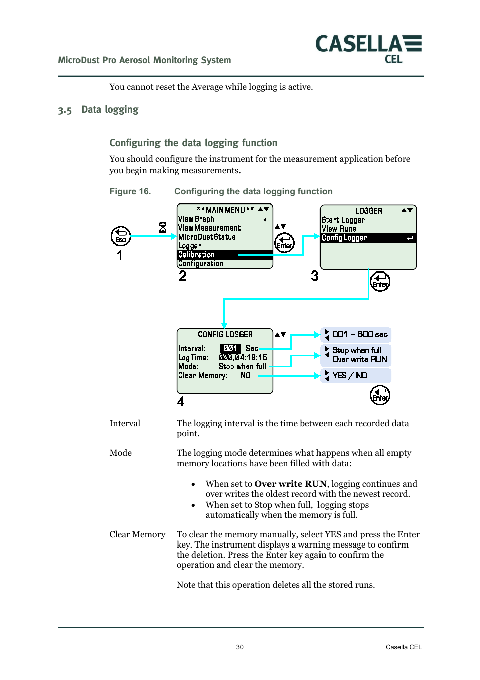 5 data logging, Configuring the data logging function, Data logging | Casella CEL Microdust Pro real time dust monitor User Manual | Page 30 / 50
