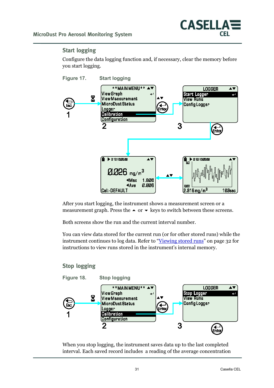 Start logging, Stop logging | Casella CEL Microdust Pro real time dust monitor User Manual | Page 31 / 50