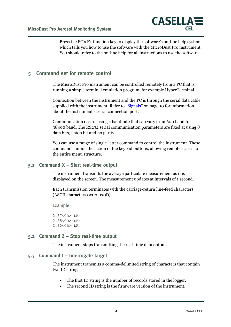 5 command set for remote control, 1 command x – start real-time output, 2 command z – stop real-time output | 3 command i – interrogate target, Command set for remote control, Command x – start real-time output, Command z – stop real-time output, Command i – interrogate target, 5command set for remote control | Casella CEL Microdust Pro real time dust monitor User Manual | Page 34 / 50