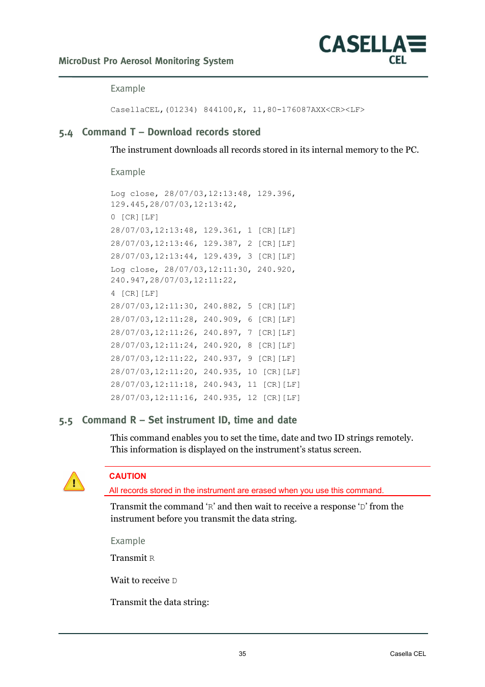 4 command t – download records stored, 5 command r – set instrument id, time and date, Command t – download records stored | Command r – set instrument id, time and date | Casella CEL Microdust Pro real time dust monitor User Manual | Page 35 / 50
