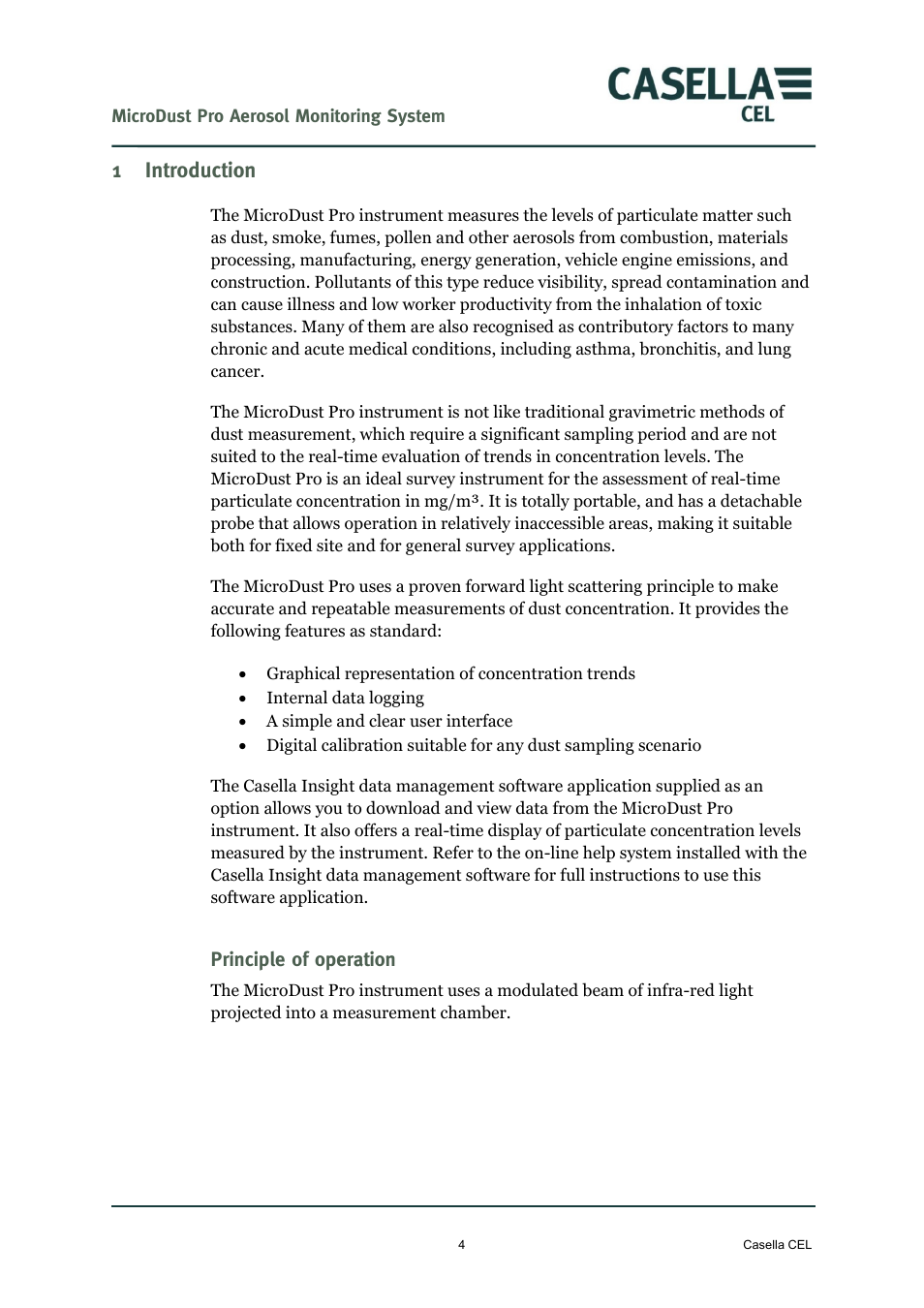 1 introduction, Principle of operation, Introduction | 1introduction | Casella CEL Microdust Pro real time dust monitor User Manual | Page 4 / 50