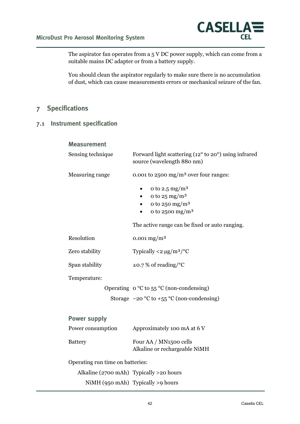 7 specifications, 1 instrument specification, Measurement | Power supply, Specifications, Instrument specification, 7specifications | Casella CEL Microdust Pro real time dust monitor User Manual | Page 42 / 50