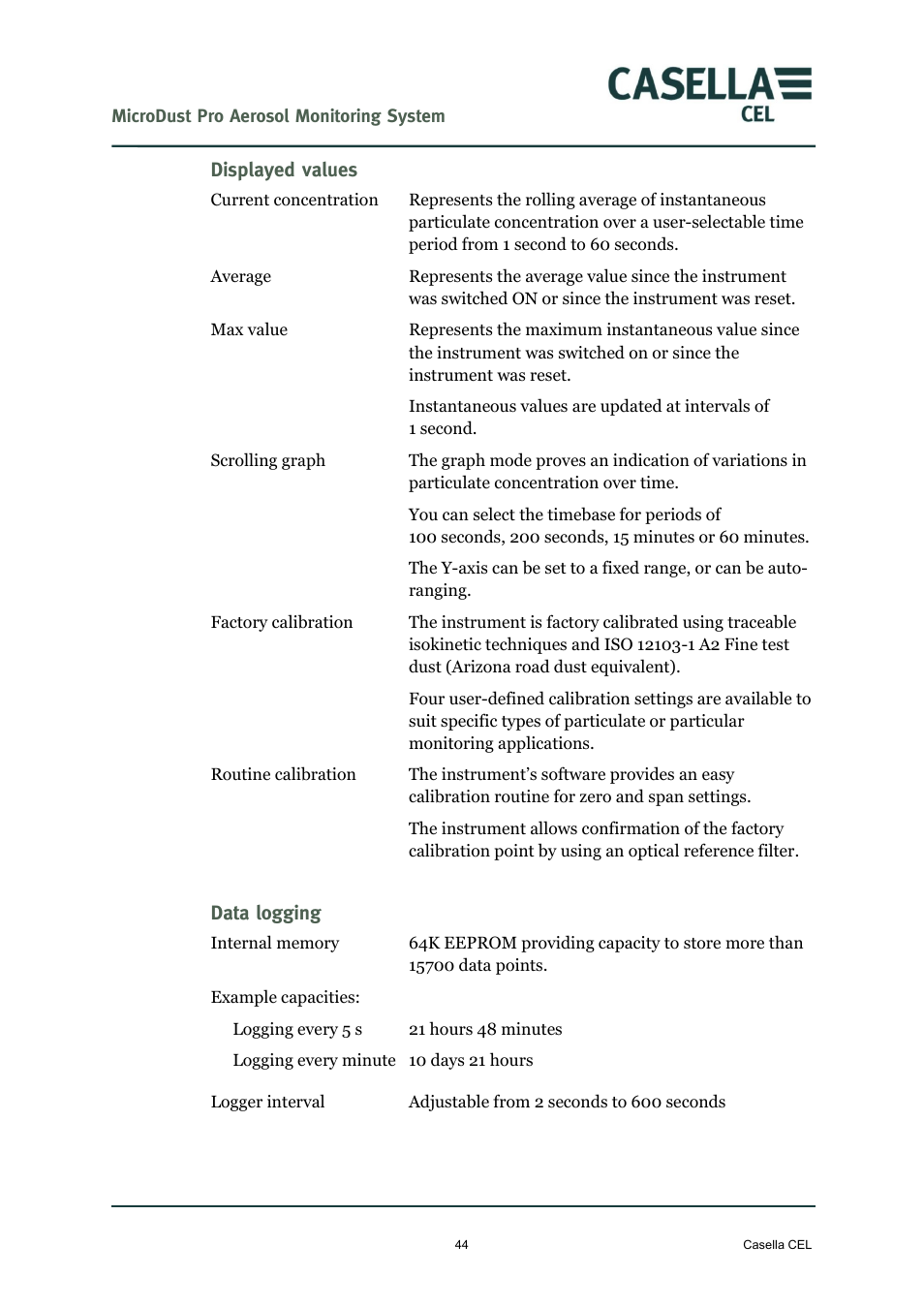 Displayed values, Data logging | Casella CEL Microdust Pro real time dust monitor User Manual | Page 44 / 50