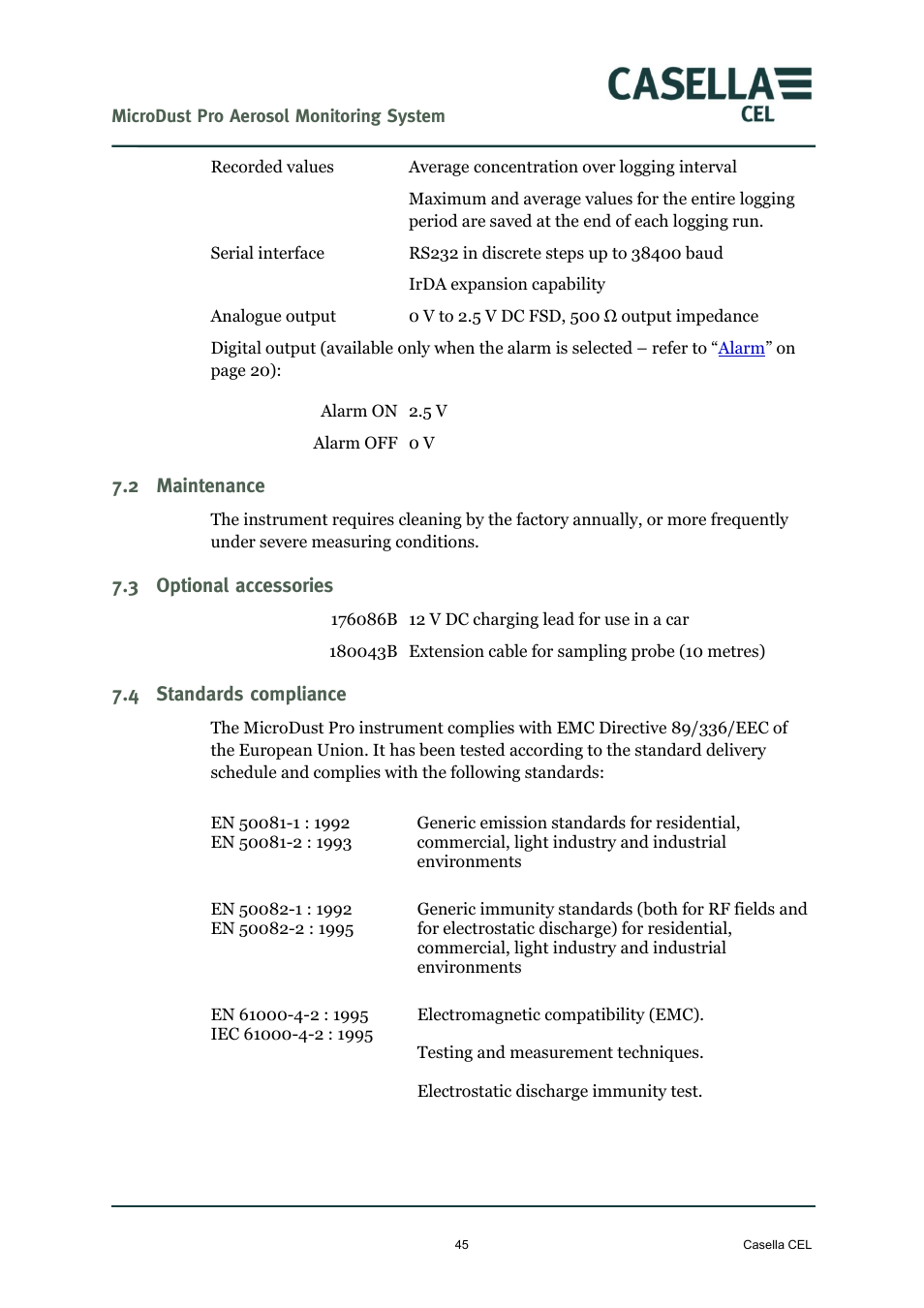 2 maintenance, 3 optional accessories, 4 standards compliance | Maintenance, Optional accessories, Standards compliance | Casella CEL Microdust Pro real time dust monitor User Manual | Page 45 / 50