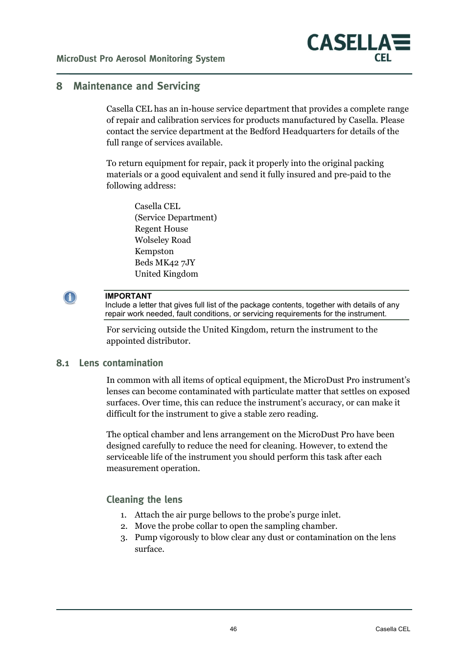 8 maintenance and servicing, 1 lens contamination, Cleaning the lens | Maintenance and servicing, Lens contamination, Ge 46, 8maintenance and servicing | Casella CEL Microdust Pro real time dust monitor User Manual | Page 46 / 50