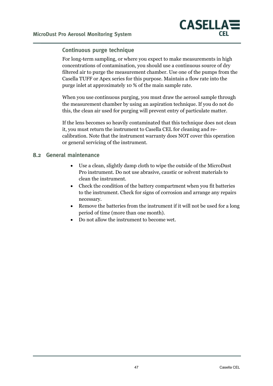 Continuous purge technique, 2 general maintenance, General maintenance | Casella CEL Microdust Pro real time dust monitor User Manual | Page 47 / 50