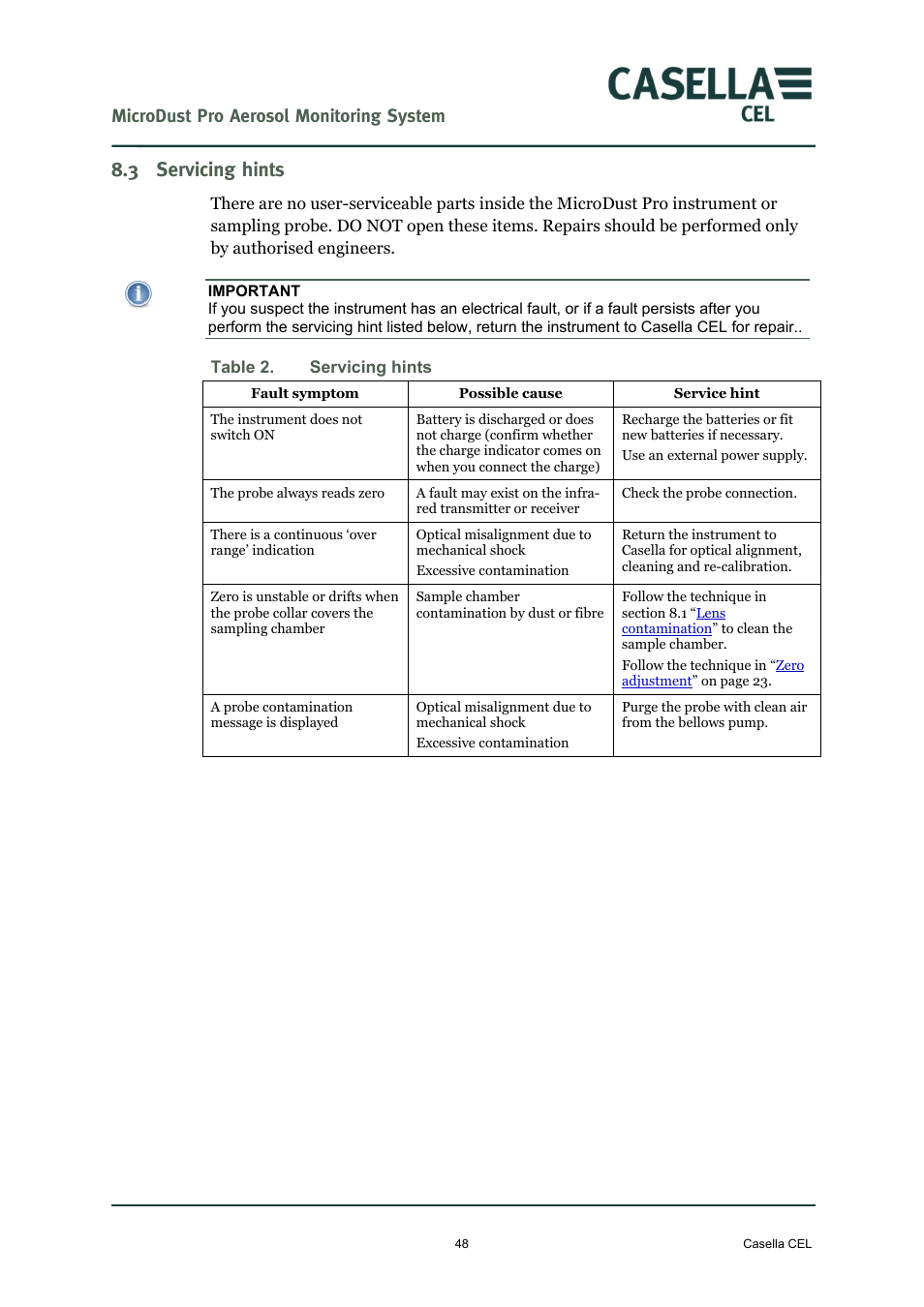 3 servicing hints, Servicing hints, Microdust pro aerosol monitoring system | Casella CEL Microdust Pro real time dust monitor User Manual | Page 48 / 50