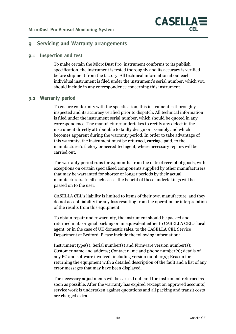 9 servicing and warranty arrangements, 1 inspection and test, 2 warranty period | Servicing and warranty arrangements, Inspection and test, Warranty period, On 9, Servicing and, Warranty arrangements, E 49 | Casella CEL Microdust Pro real time dust monitor User Manual | Page 49 / 50