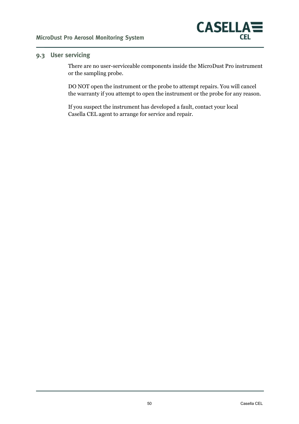 3 user servicing, User servicing | Casella CEL Microdust Pro real time dust monitor User Manual | Page 50 / 50