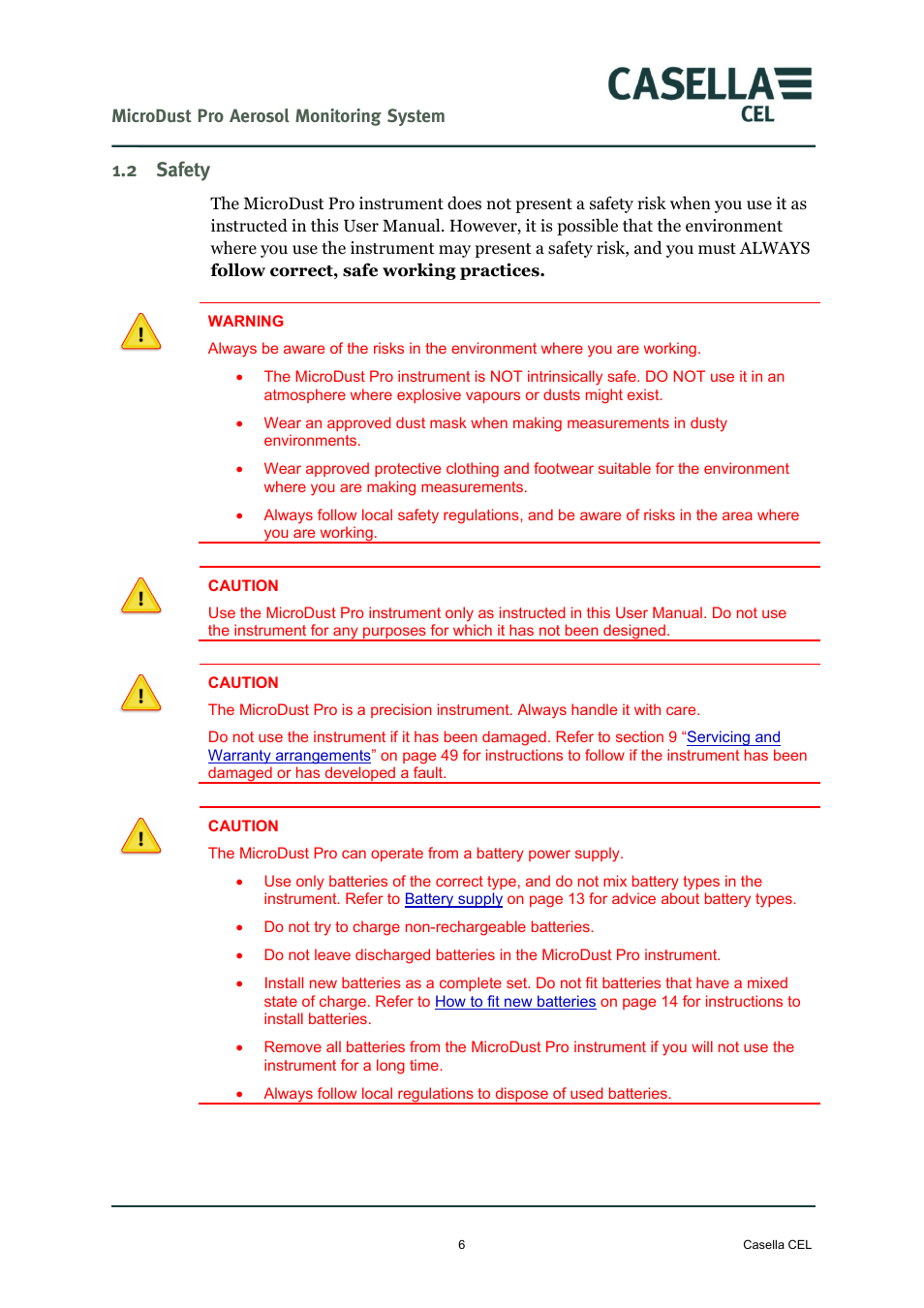 2 safety, Safety | Casella CEL Microdust Pro real time dust monitor User Manual | Page 6 / 50