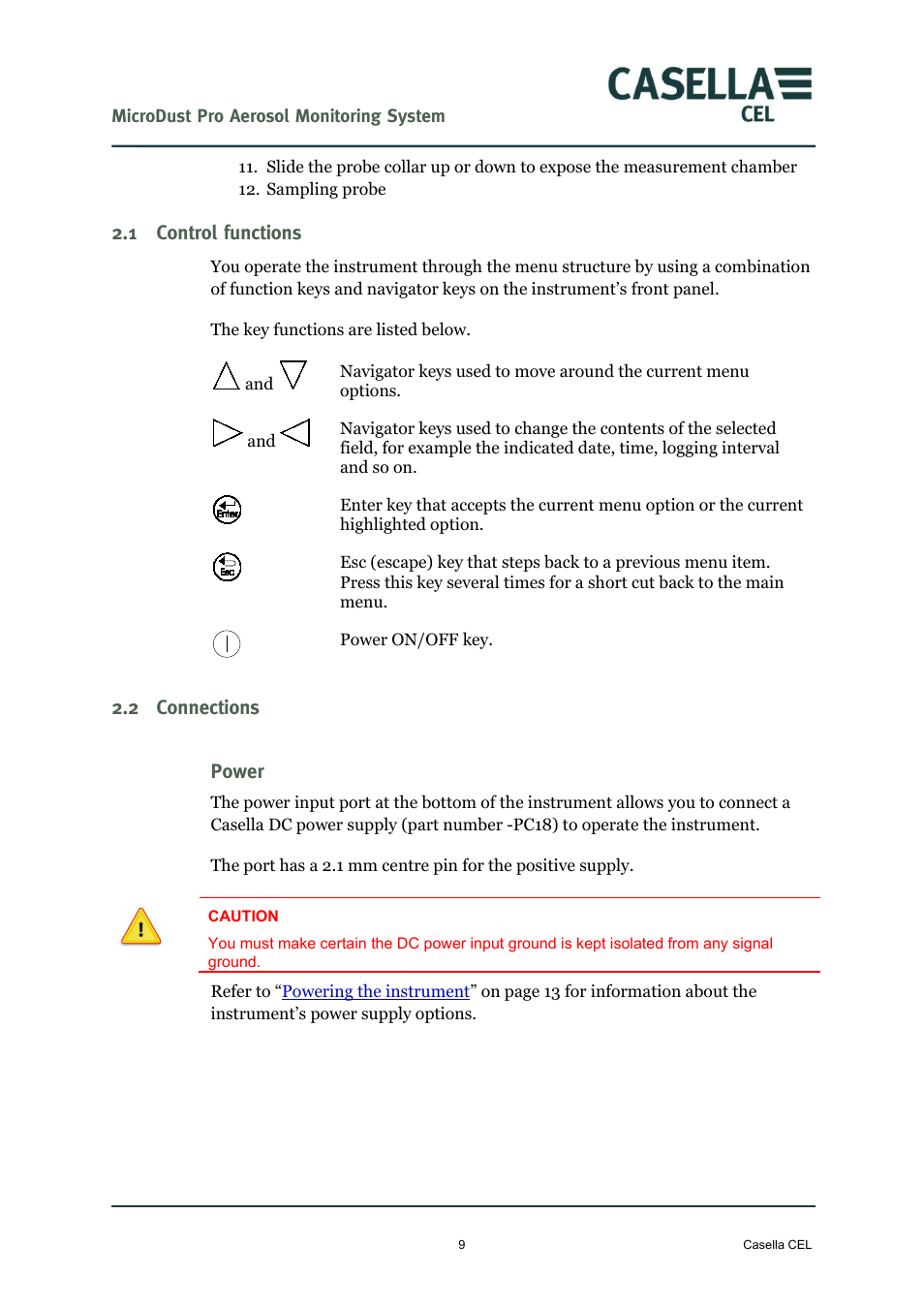 1 control functions, 2 connections, Power | Control functions, Connections | Casella CEL Microdust Pro real time dust monitor User Manual | Page 9 / 50
