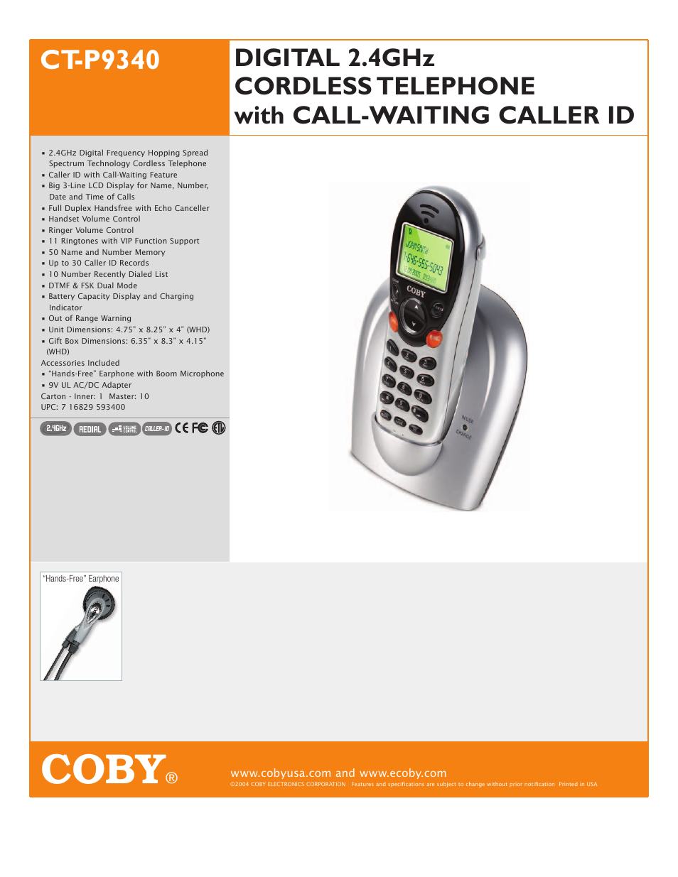 COBY CT-P9340 User Manual | 1 page