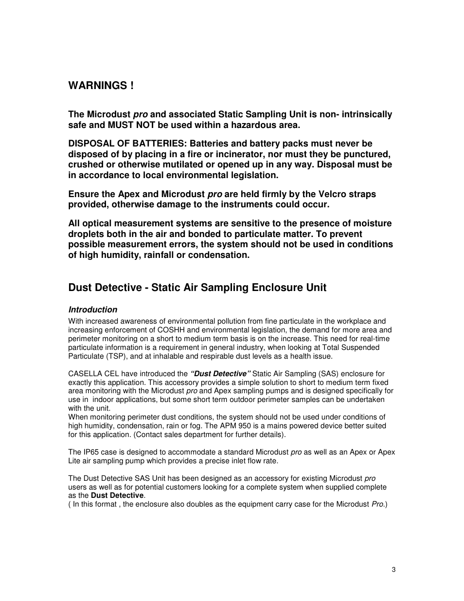 Warnings | Casella CEL Dust Detective kit case for Microdust Pro User Manual | Page 3 / 10