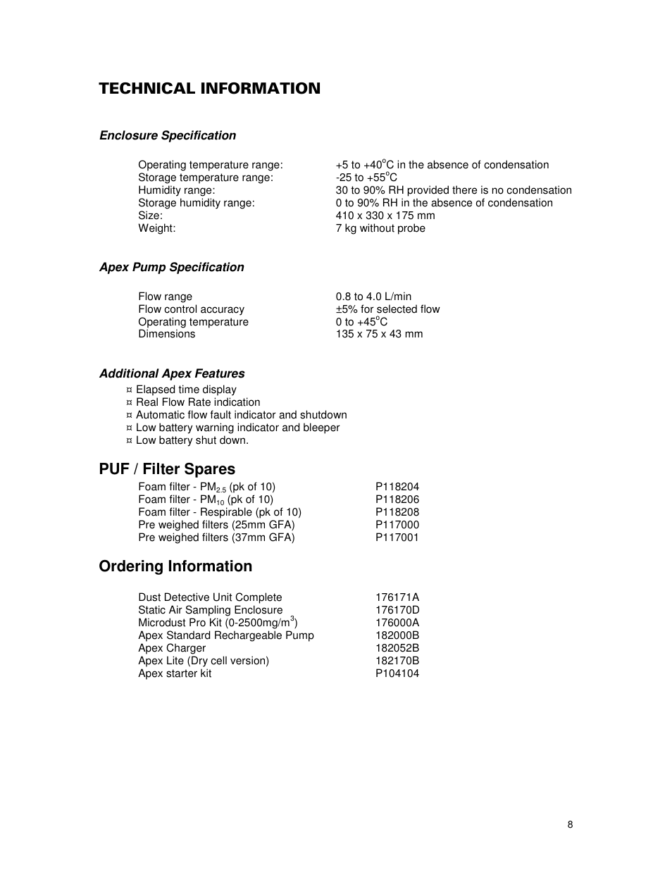 Technical information, Puf / filter spares, Ordering information | Casella CEL Dust Detective kit case for Microdust Pro User Manual | Page 8 / 10
