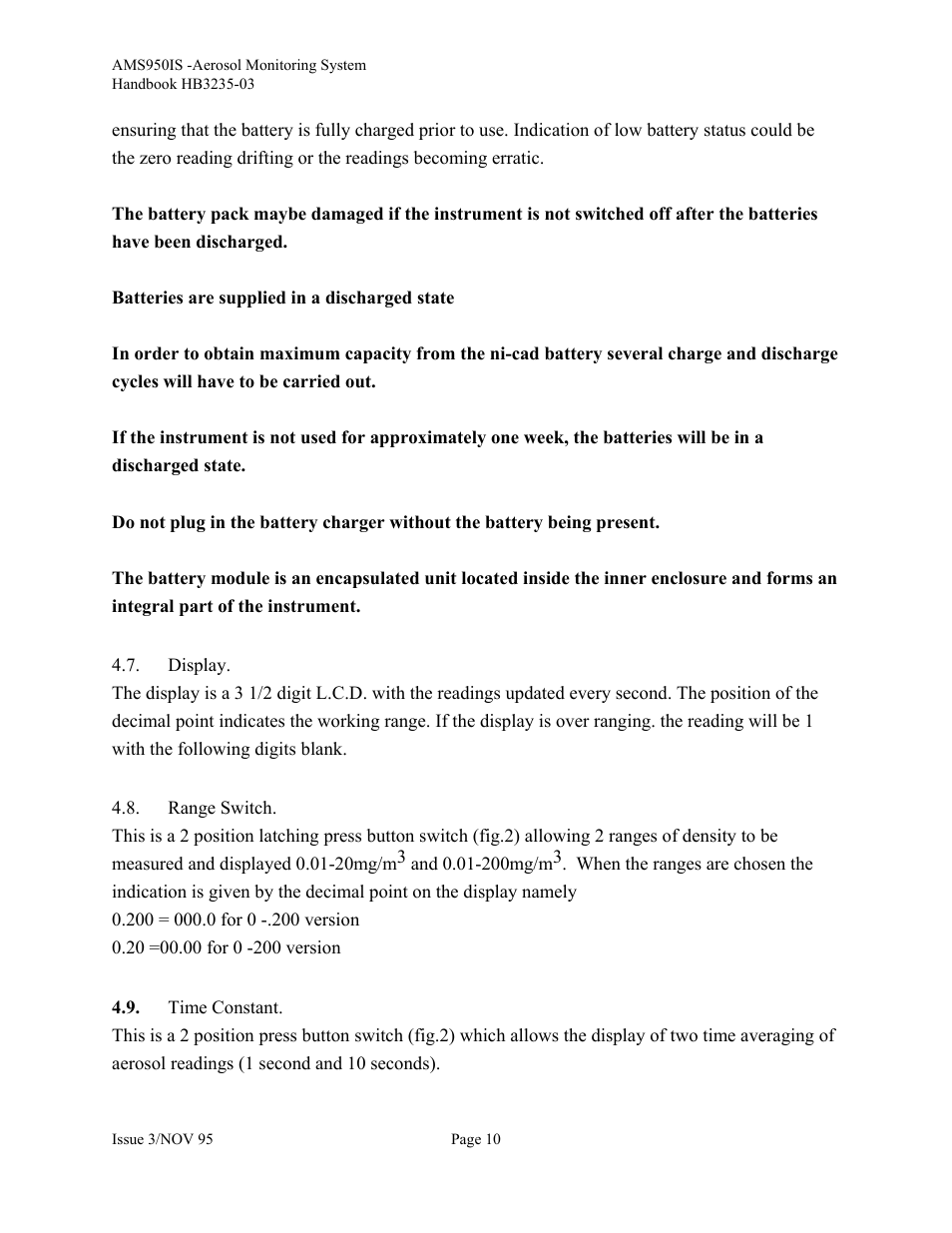 Display, Range switch, Time constant | Casella CEL Airborne particulate monitor (AMS950-IS) User Manual | Page 10 / 22
