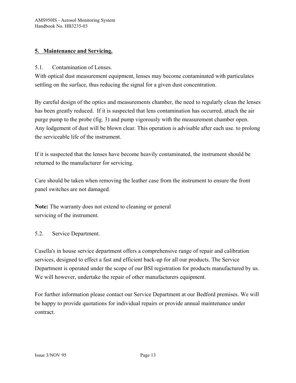 Maintenance and servicing, Contamination of lenses, Service department | Casella CEL Airborne particulate monitor (AMS950-IS) User Manual | Page 13 / 22